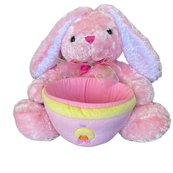 Bunny Rabbit Plush Basket Easter Candy Holder Pink Round Stuffed 10" Toy READ - Picture 11 of 11